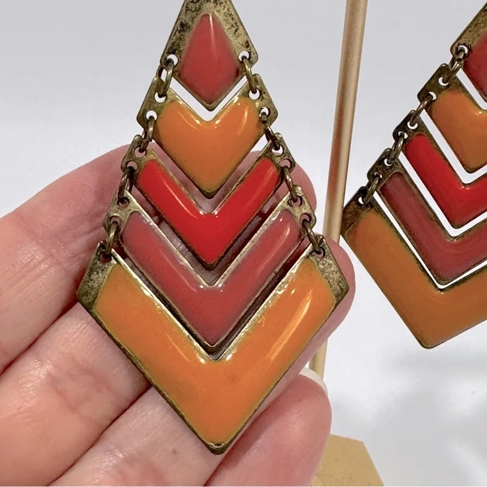 Vintage Enamel Geometric Chevron Dangle Earrings Red Pink Orange